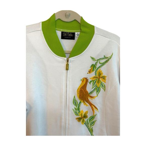 Bob Mackie Wearable Art White/Green Embroidered Bird Zip Up Sweater Sz XL NWOT - Picture 6 of 11